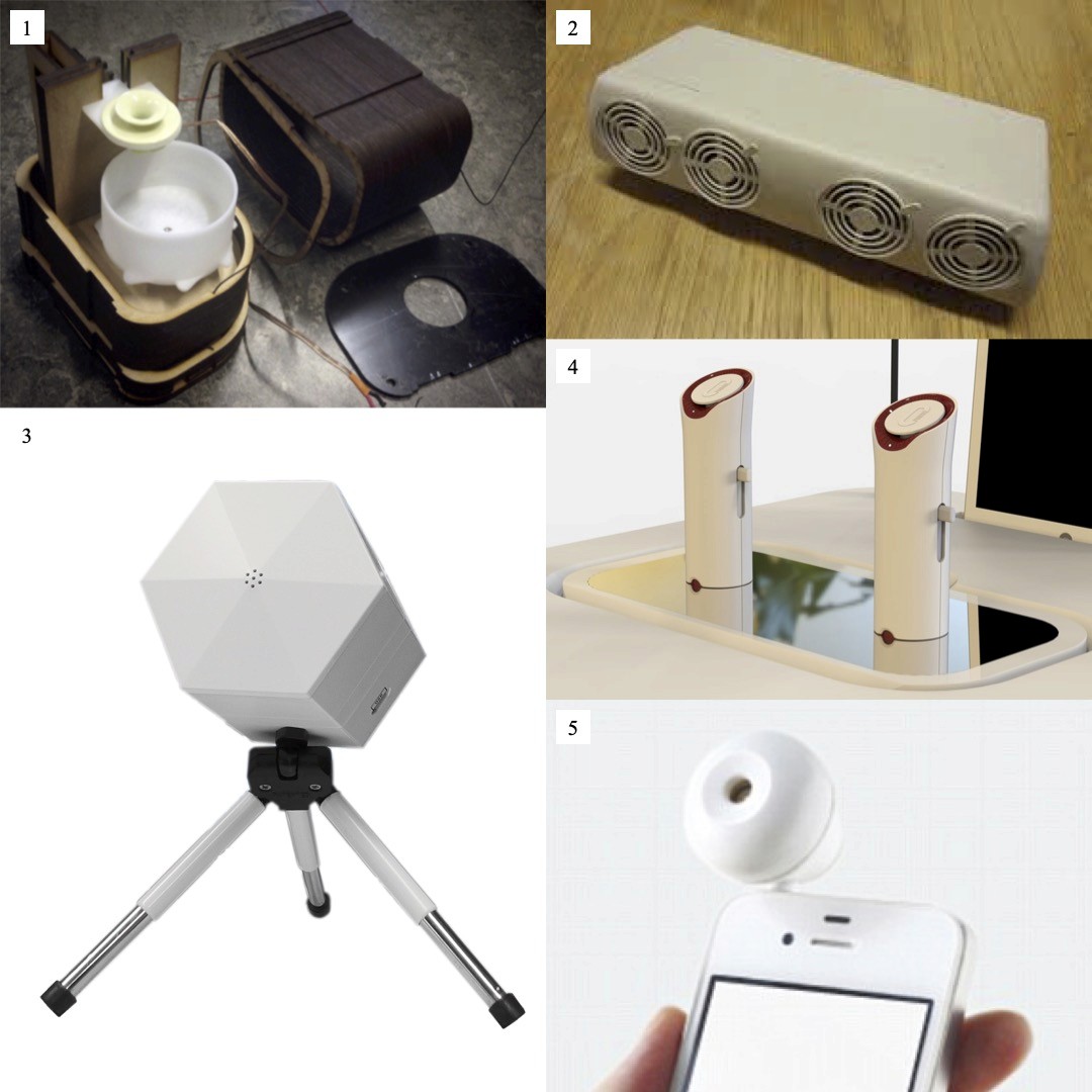 a composition of five images of different scent devices