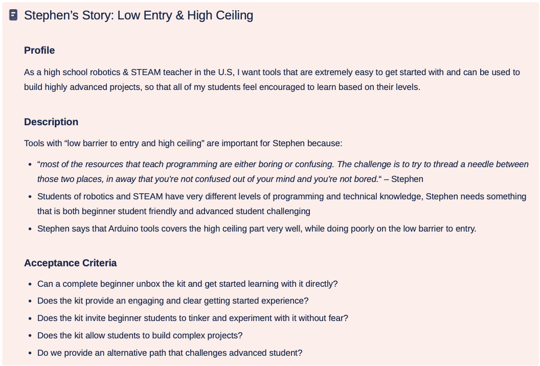 an example of user stories presenting Stephan's story, who's a teacher looking for tools that have a low barrier to entry and high cieling