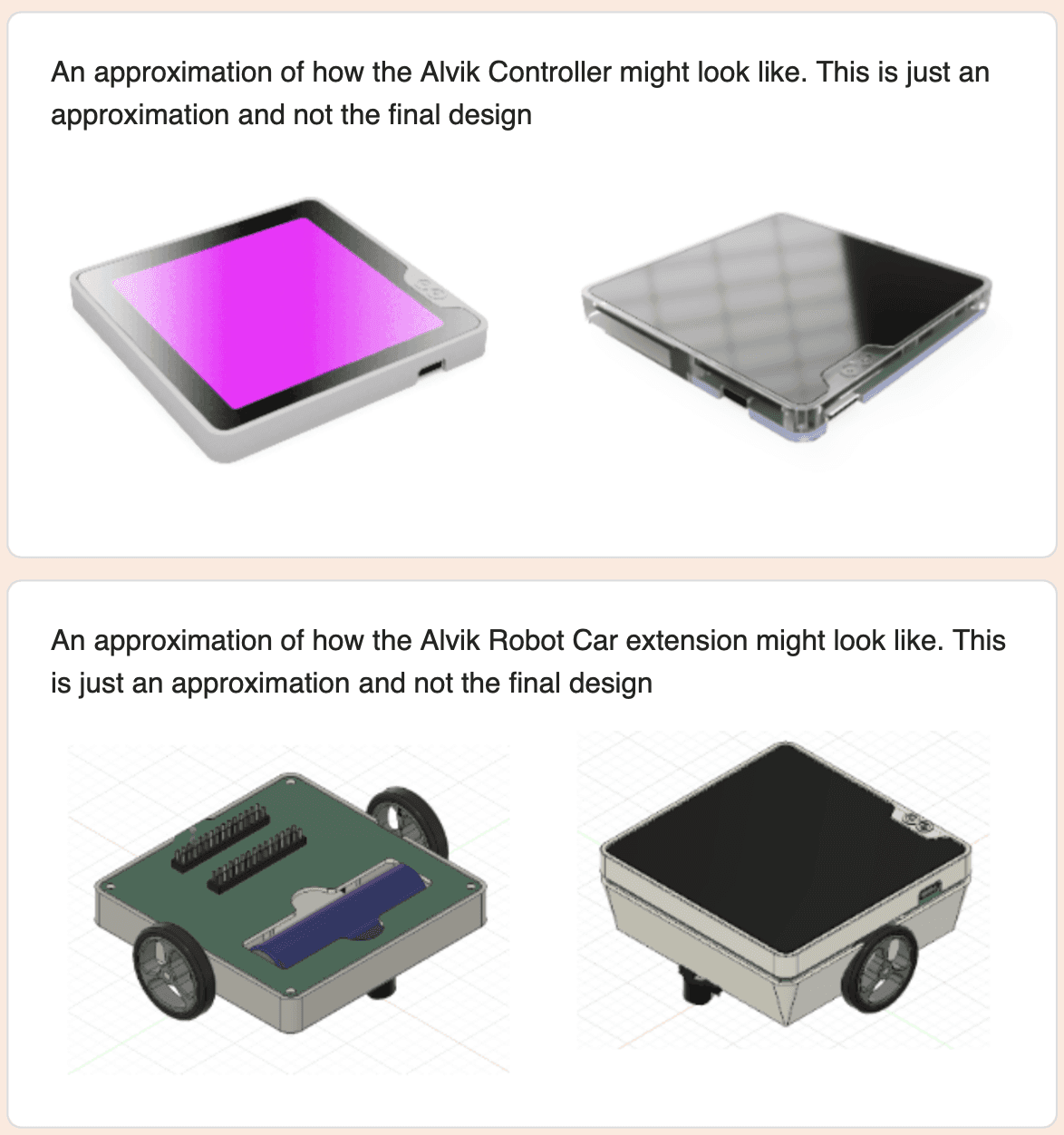 prototype renderings of how Alvik might look like presented to teachers. showing a screen box and robot car